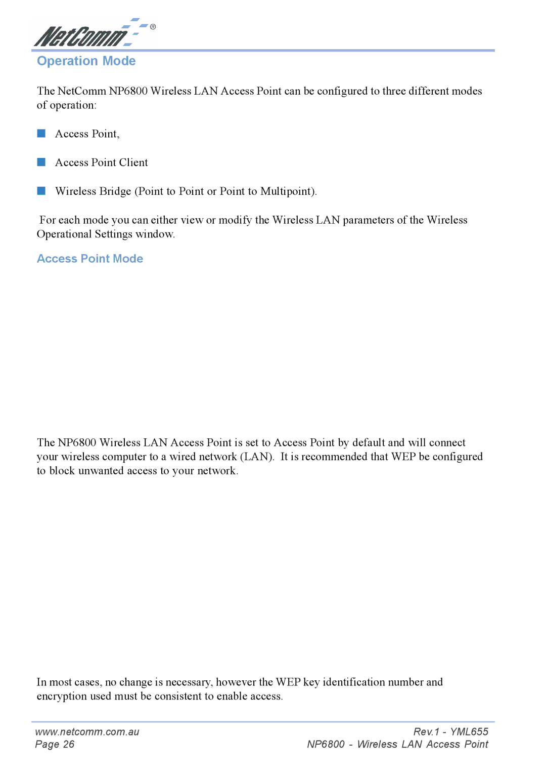 NetComm NP6800 manual Operation Mode, Access Point Mode 