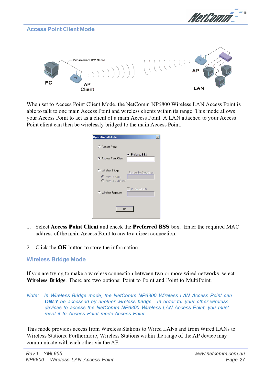 NetComm NP6800 manual Access Point Client Mode, Wireless Bridge Mode 