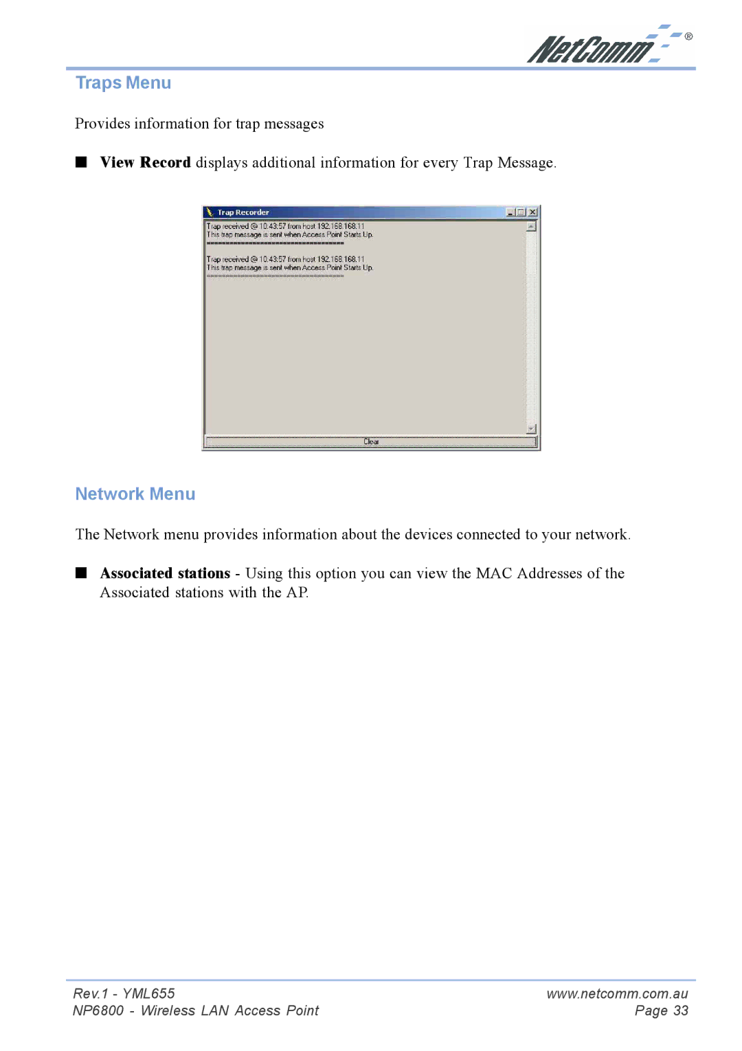 NetComm NP6800 manual Traps Menu, Network Menu 