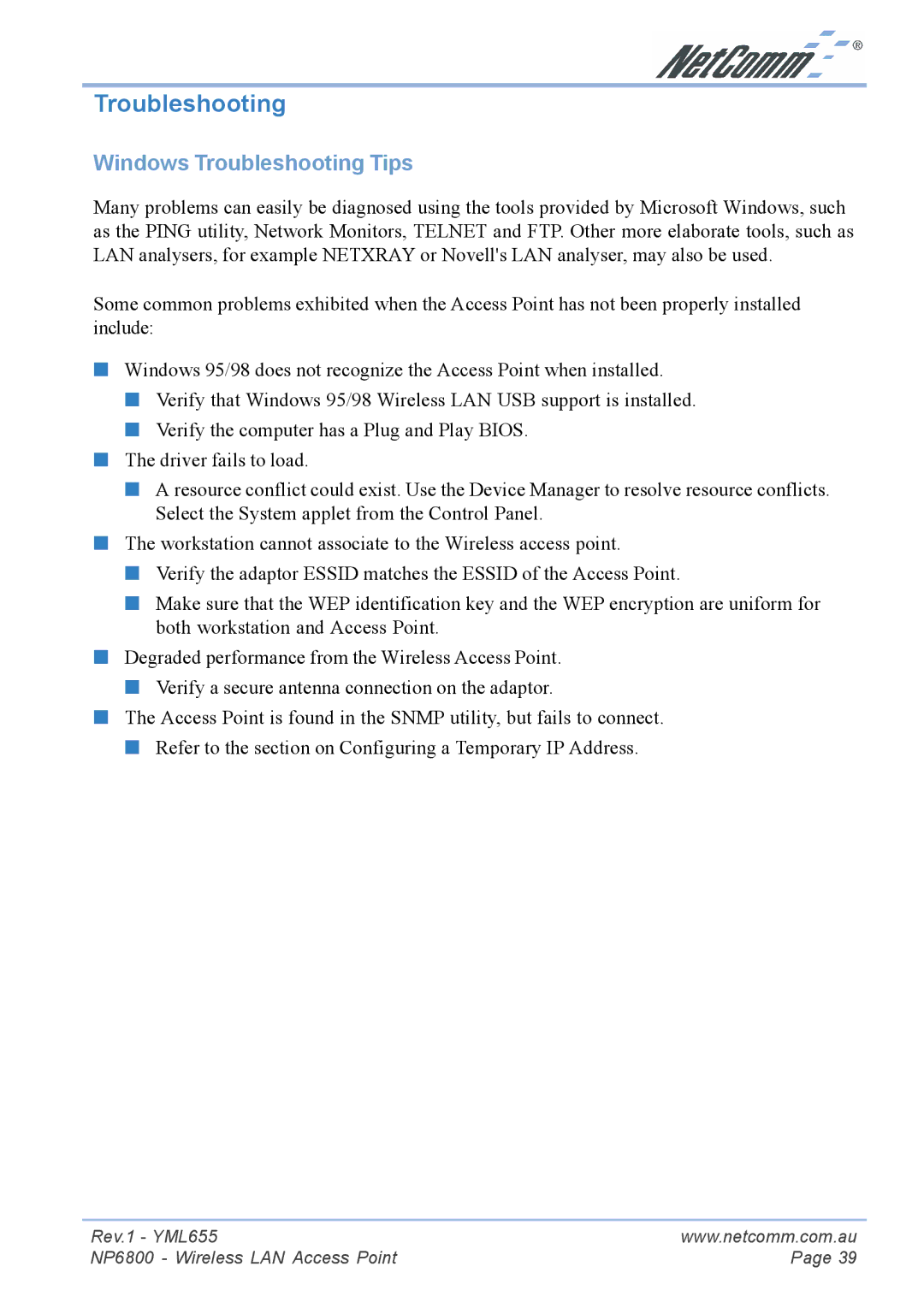 NetComm NP6800 manual Windows Troubleshooting Tips 