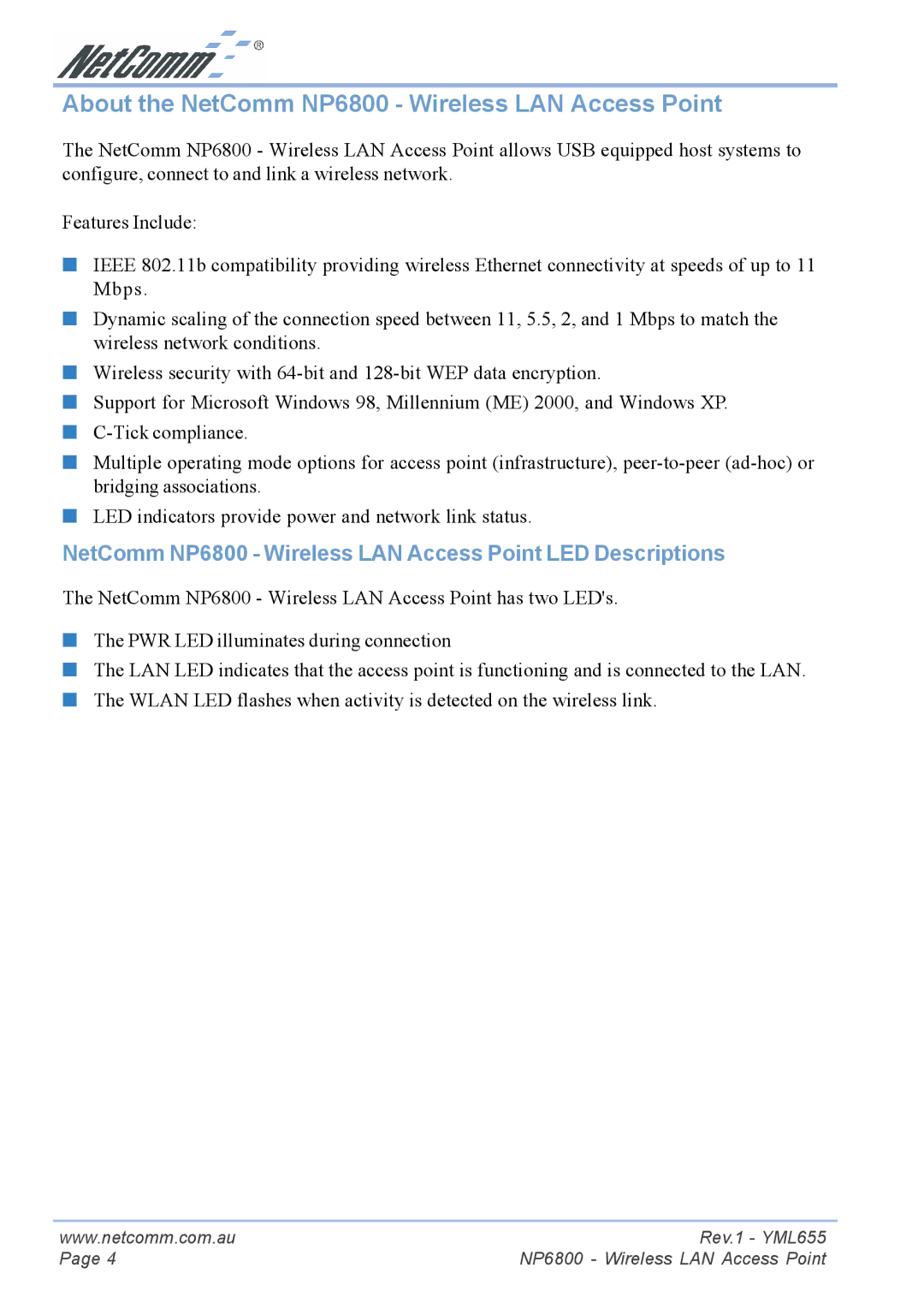 NetComm About the NetComm NP6800 Wireless LAN Access Point, NetComm NP6800 Wireless LAN Access Point LED Descriptions 