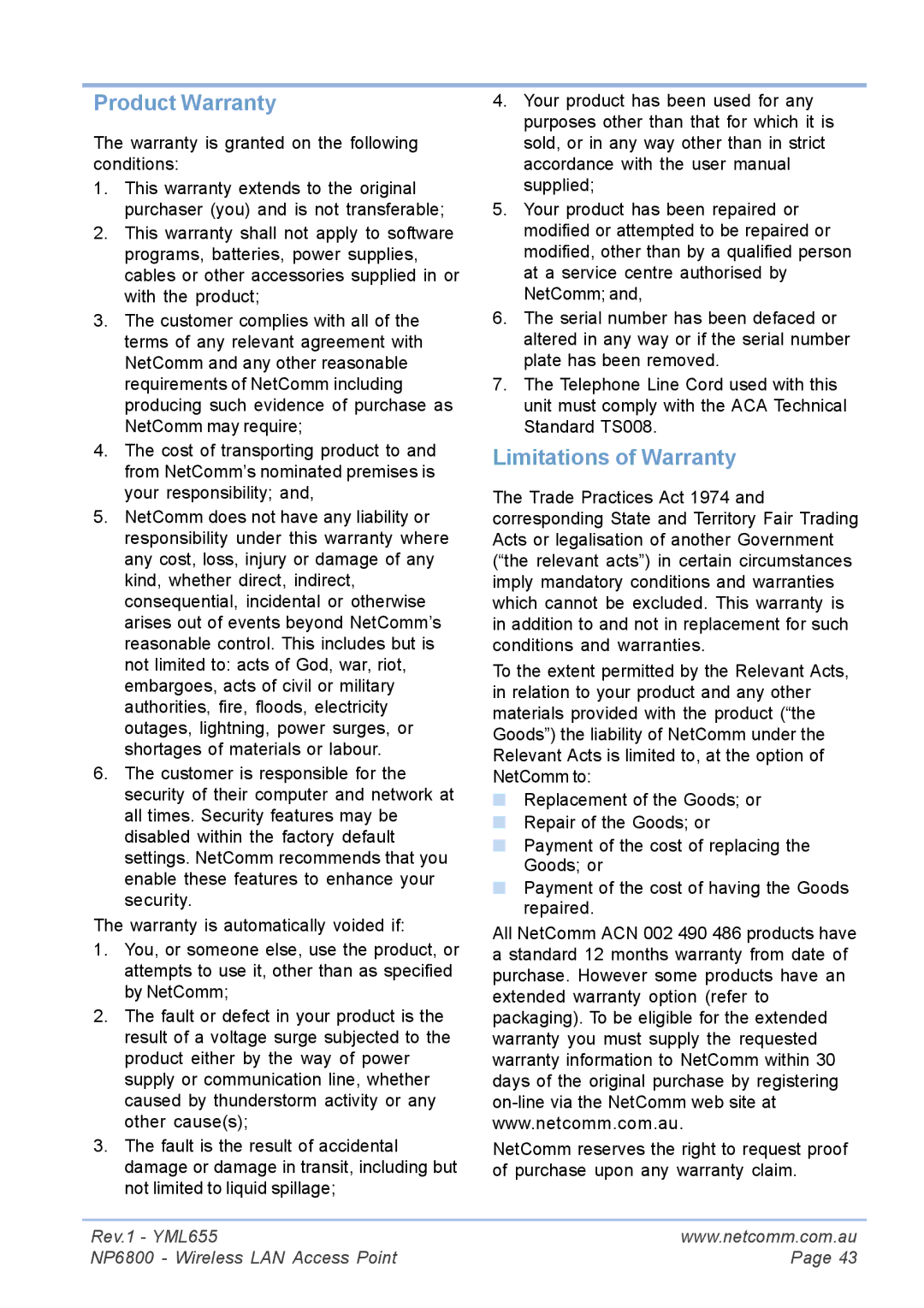 NetComm NP6800 manual Product Warranty, Limitations of Warranty 