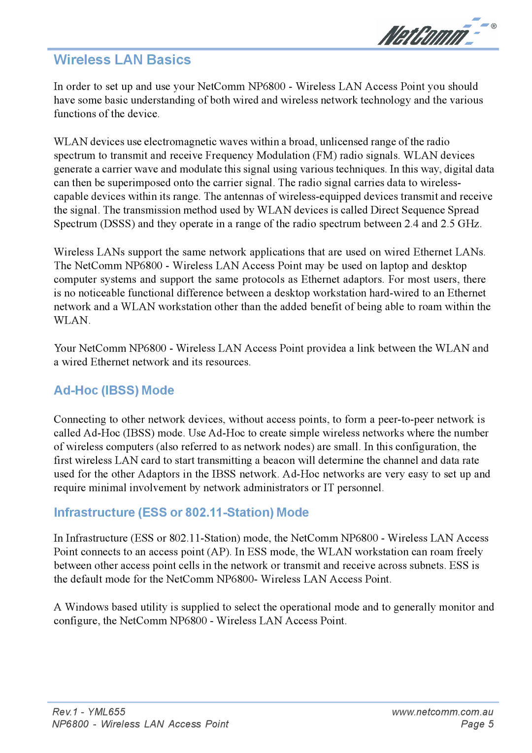 NetComm NP6800 manual Wireless LAN Basics, Ad-Hoc Ibss Mode, Infrastructure ESS or 802.11-Station Mode 