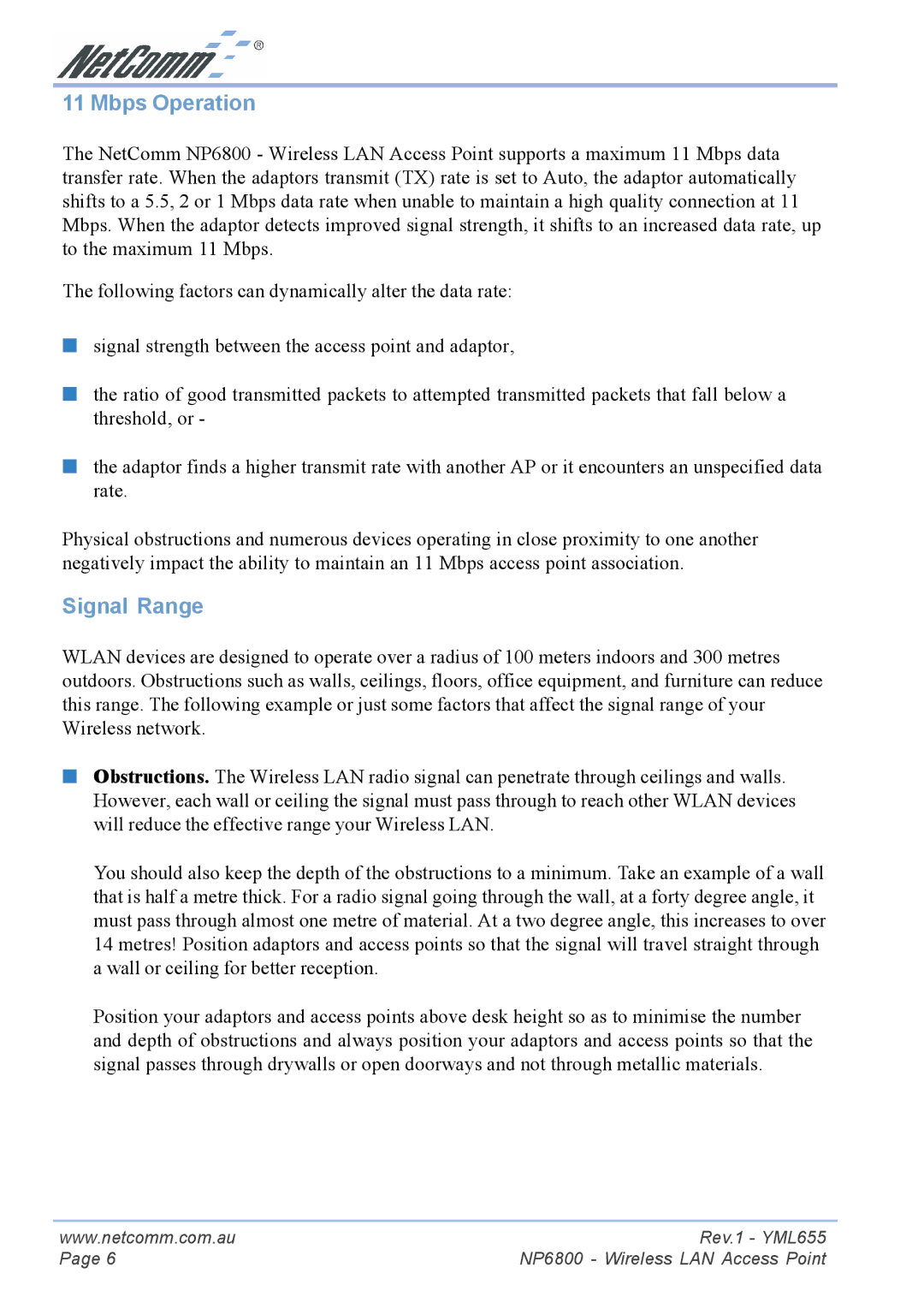 NetComm NP6800 manual Mbps Operation, Signal Range 