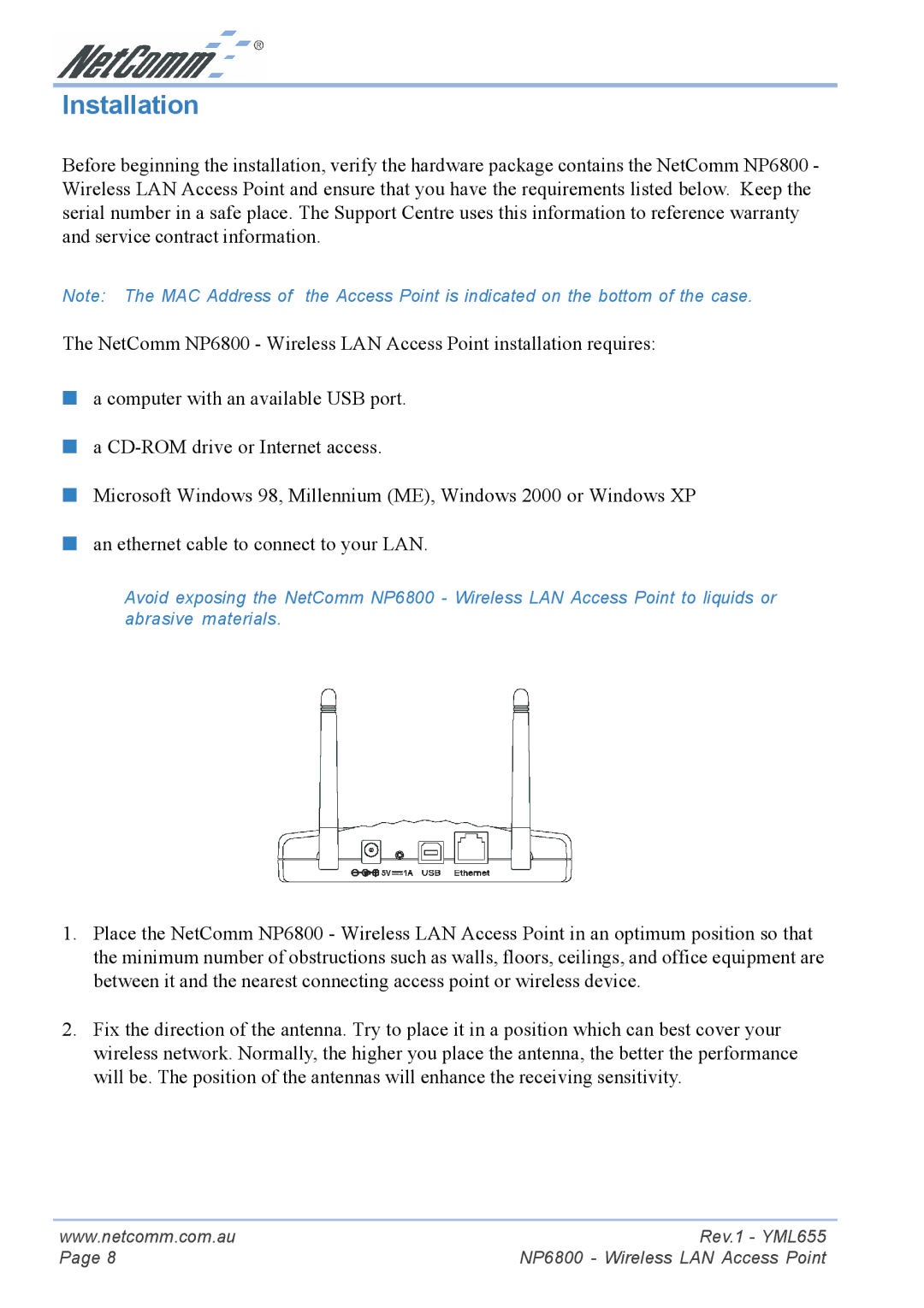 NetComm NP6800 manual Installation 