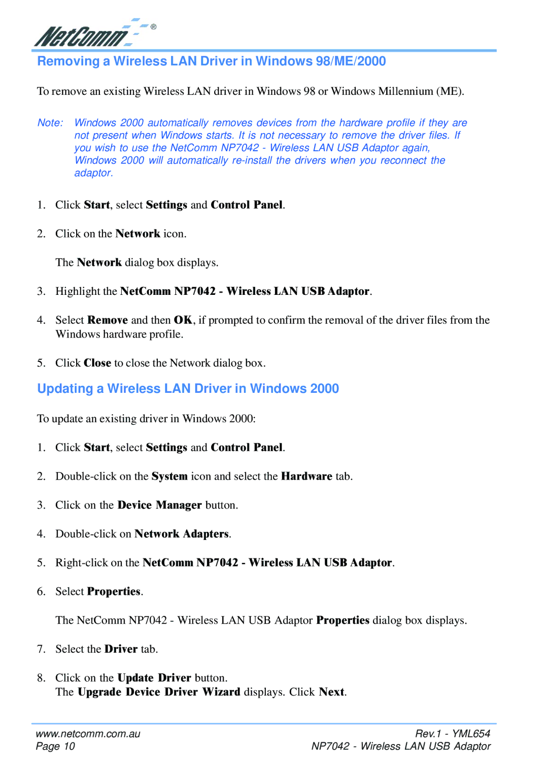 NetComm NP7042 manual Removing a Wireless LAN Driver in Windows 98/ME/2000, Updating a Wireless LAN Driver in Windows 