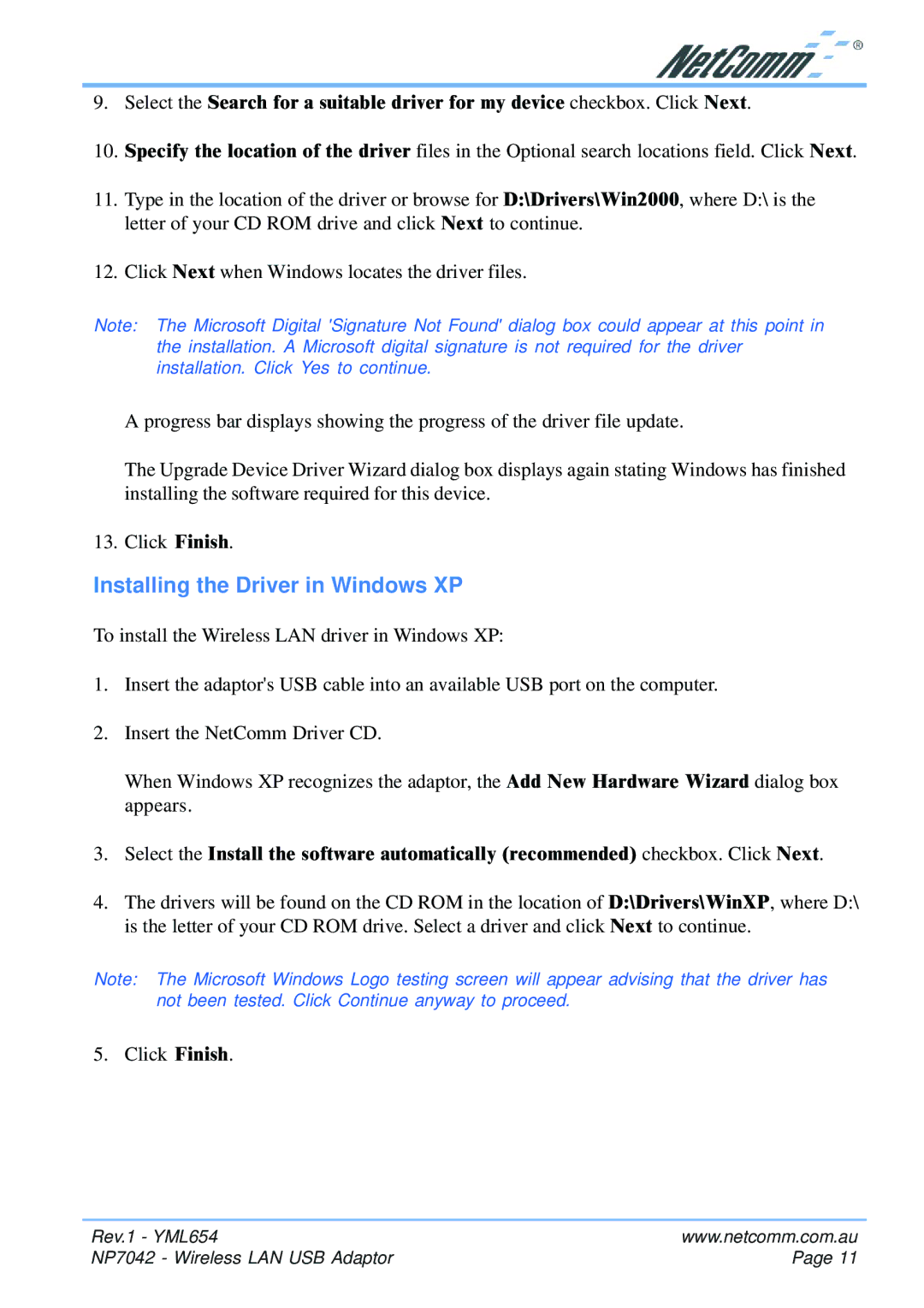 NetComm NP7042 manual Installing the Driver in Windows XP 