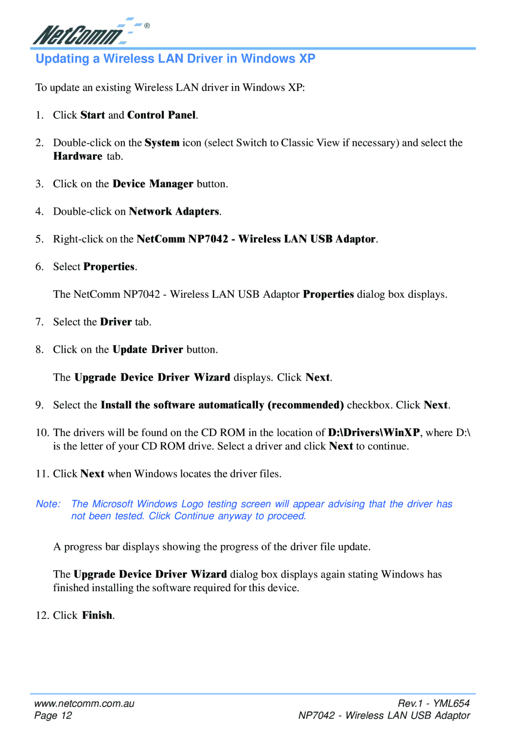 NetComm NP7042 manual Updating a Wireless LAN Driver in Windows XP 