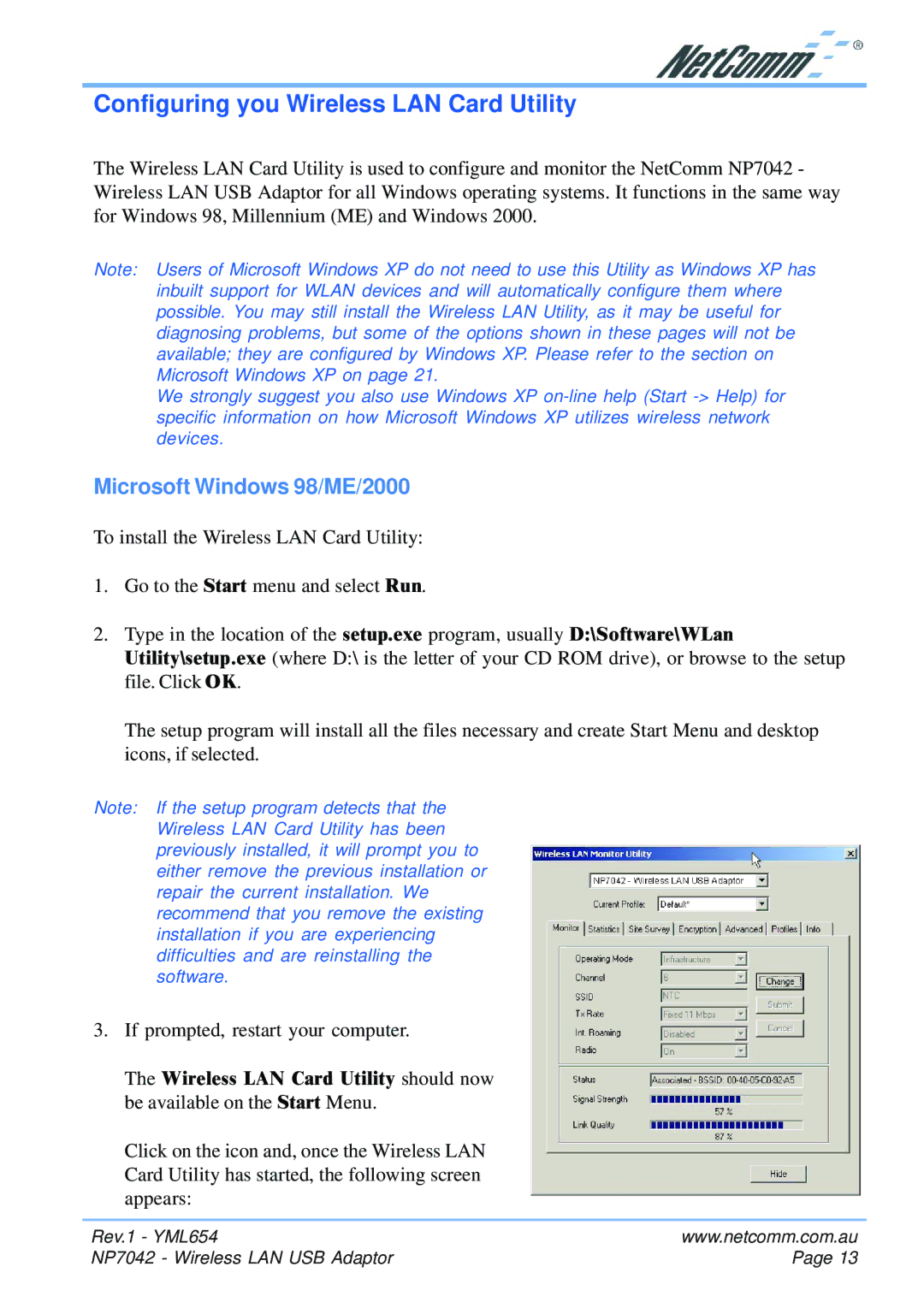 NetComm NP7042 manual Configuring you Wireless LAN Card Utility, Microsoft Windows 98/ME/2000 