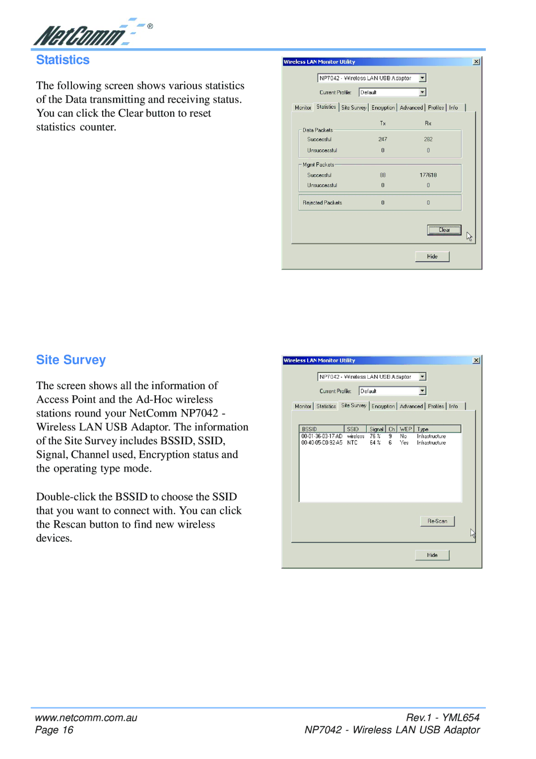 NetComm NP7042 manual Statistics, Site Survey 