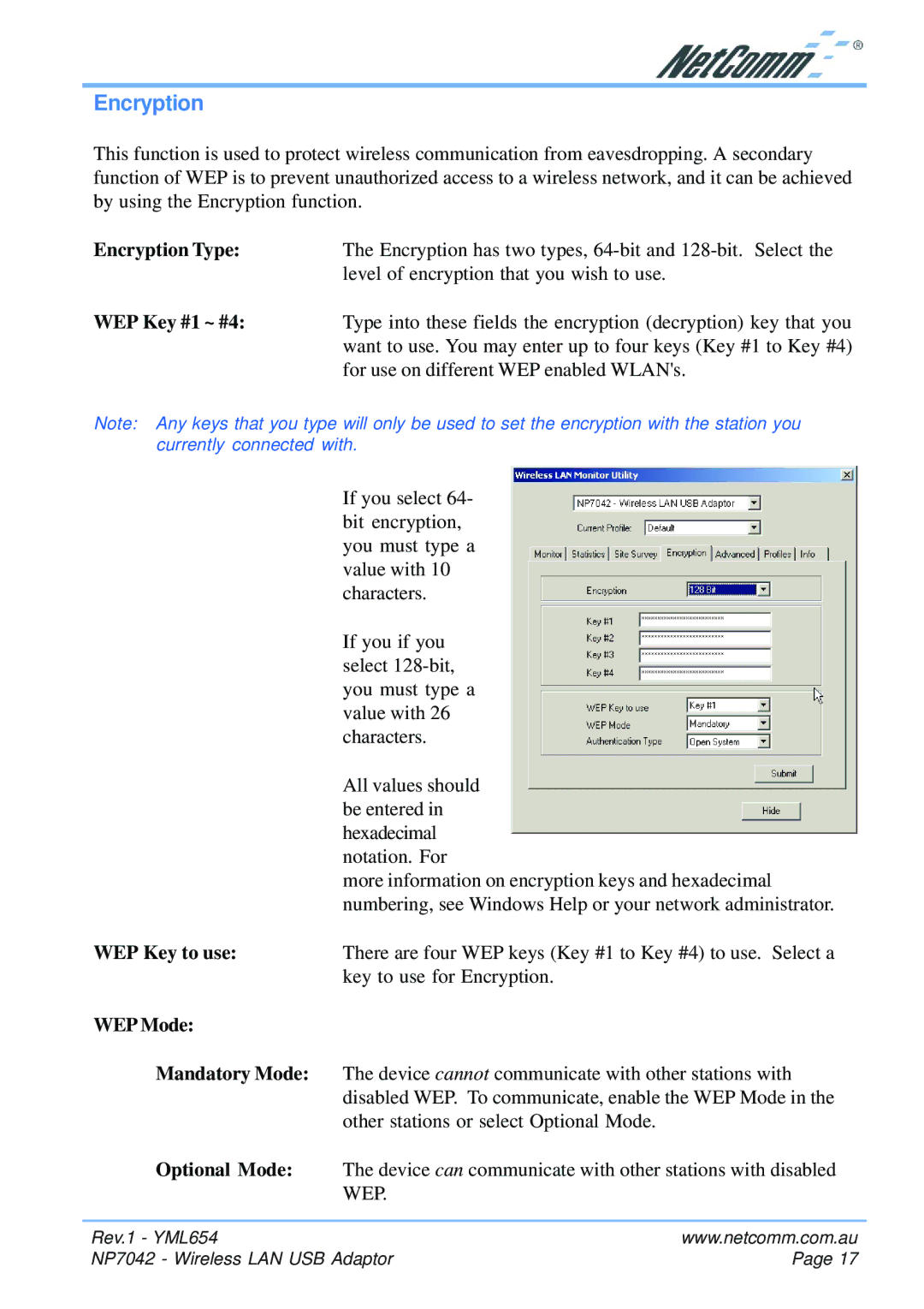 NetComm NP7042 manual Encryption, WEP Mode 