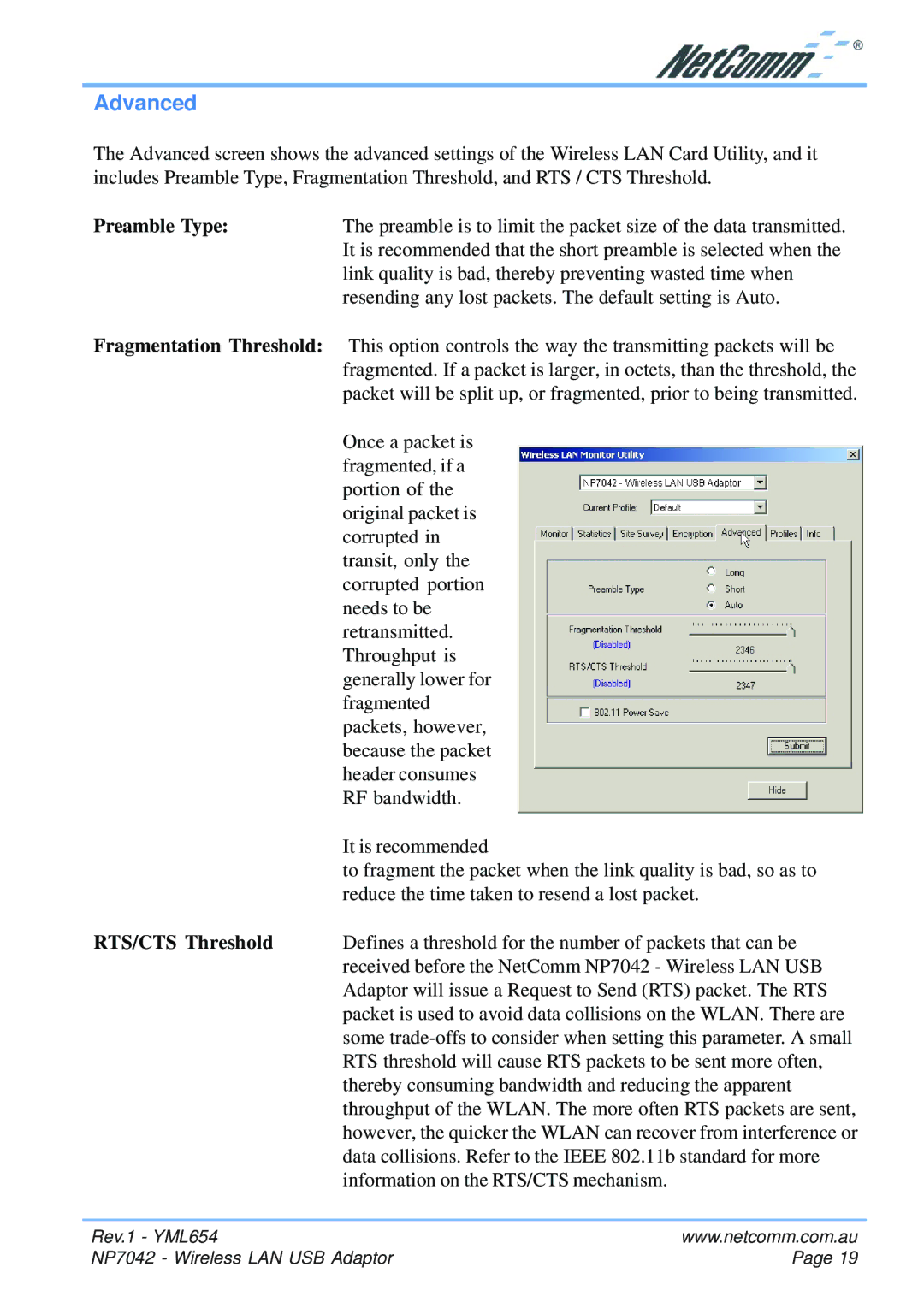 NetComm NP7042 manual Advanced, Preamble Type, Fragmentation Threshold, RTS/CTS Threshold 