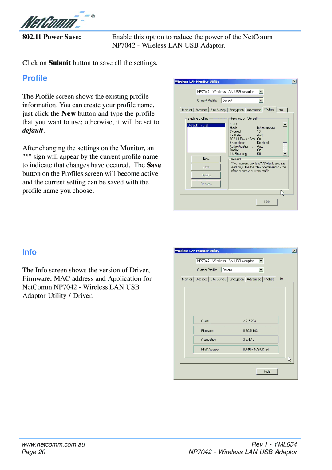 NetComm NP7042 manual Profile, Info 