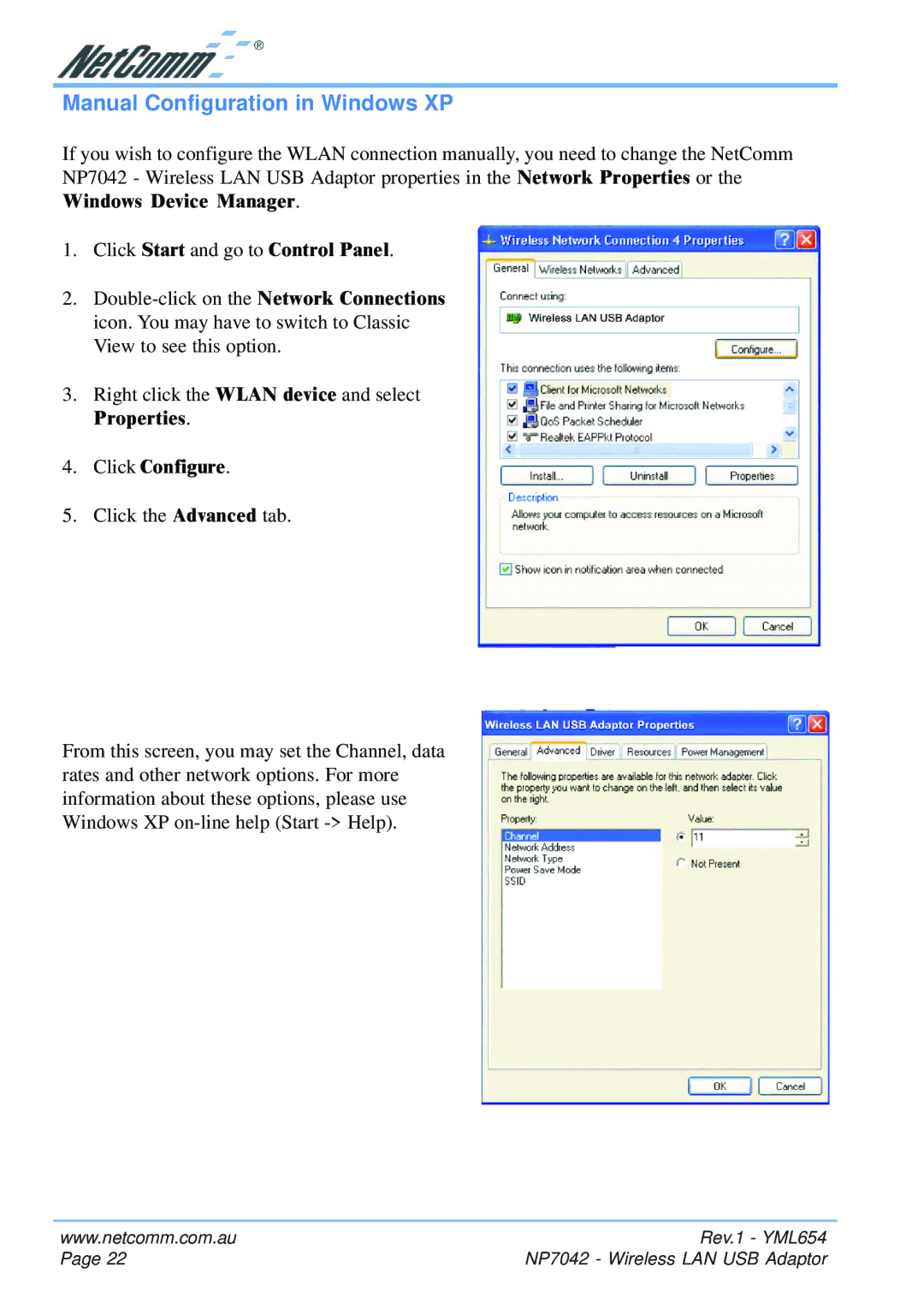 NetComm NP7042 manual Manual Configuration in Windows XP 