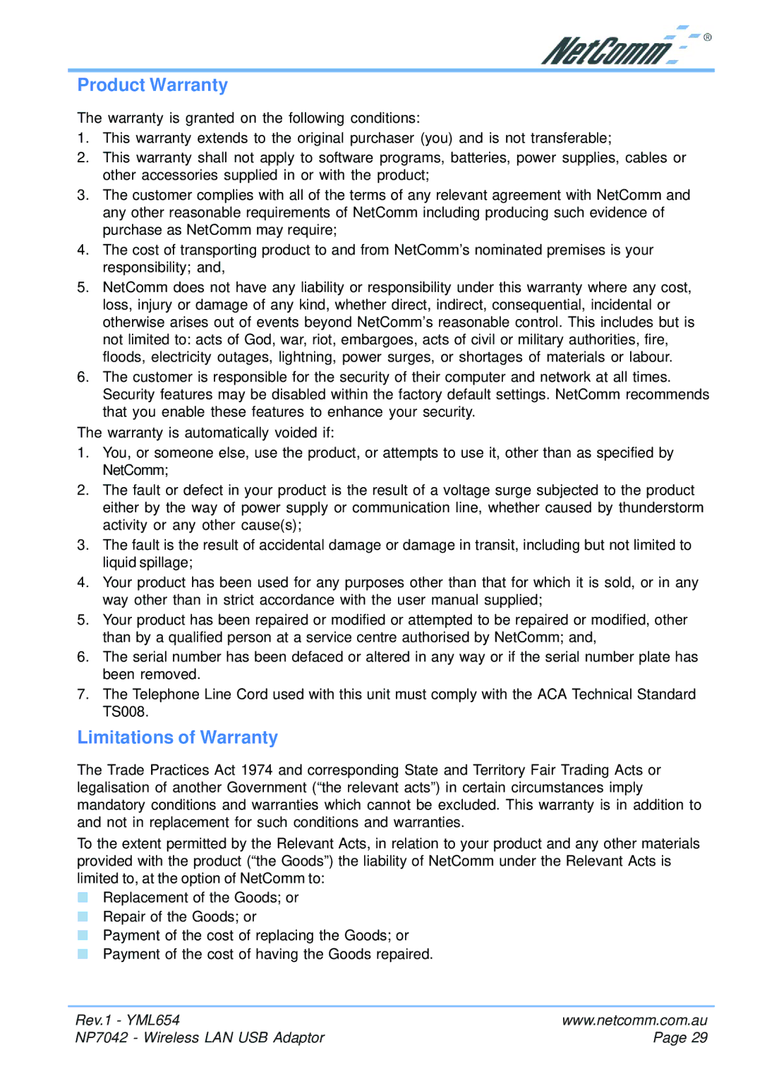 NetComm NP7042 manual Product Warranty, Limitations of Warranty 