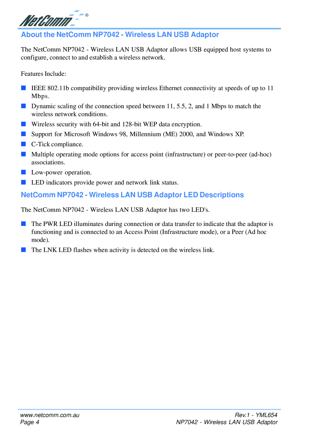 NetComm About the NetComm NP7042 Wireless LAN USB Adaptor, NetComm NP7042 Wireless LAN USB Adaptor LED Descriptions 