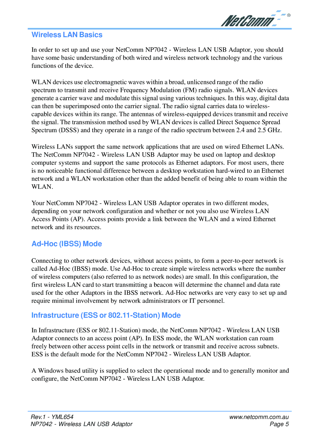 NetComm NP7042 manual Wireless LAN Basics, Ad-Hoc Ibss Mode, Infrastructure ESS or 802.11-Station Mode 