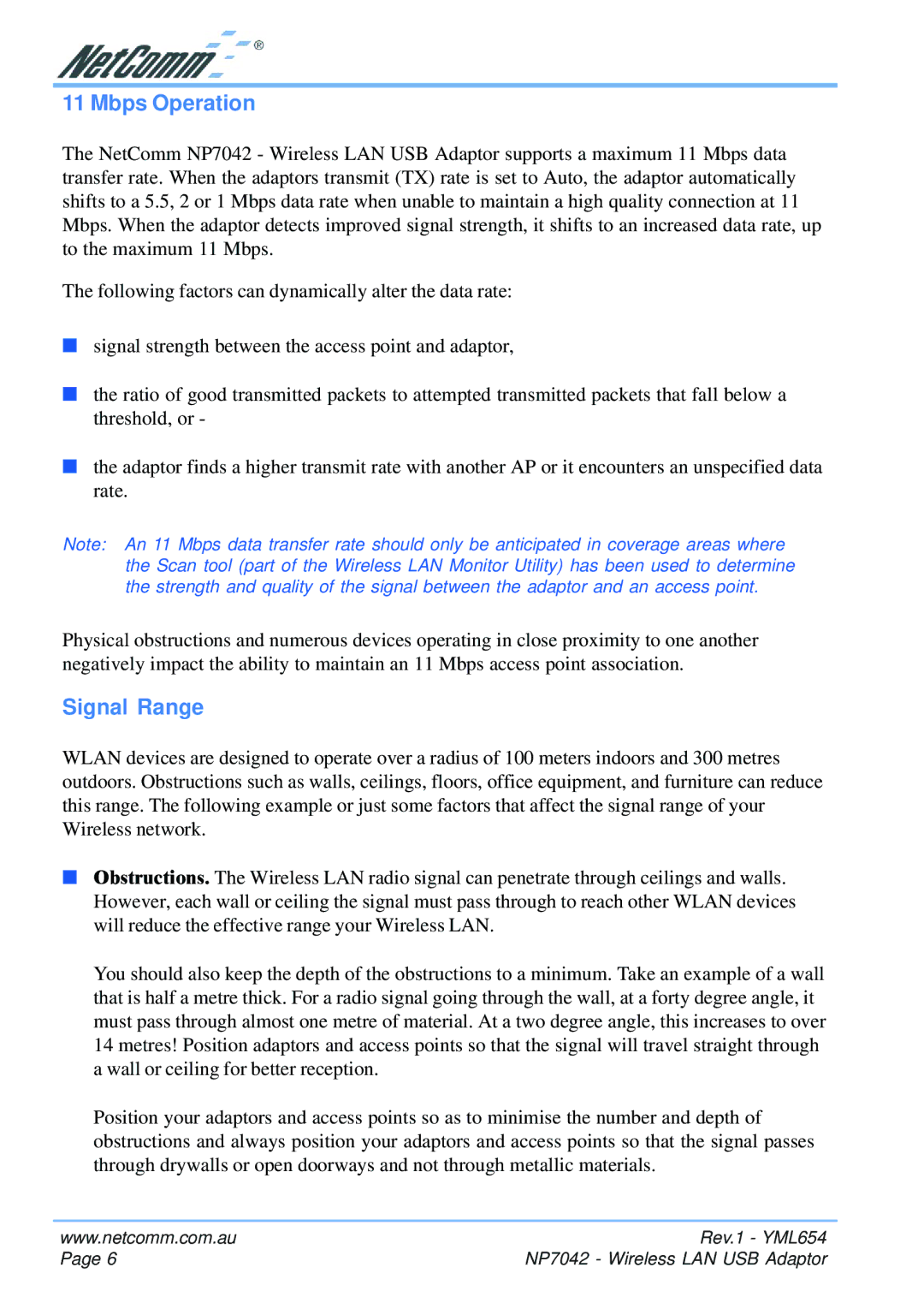 NetComm NP7042 manual Mbps Operation, Signal Range 