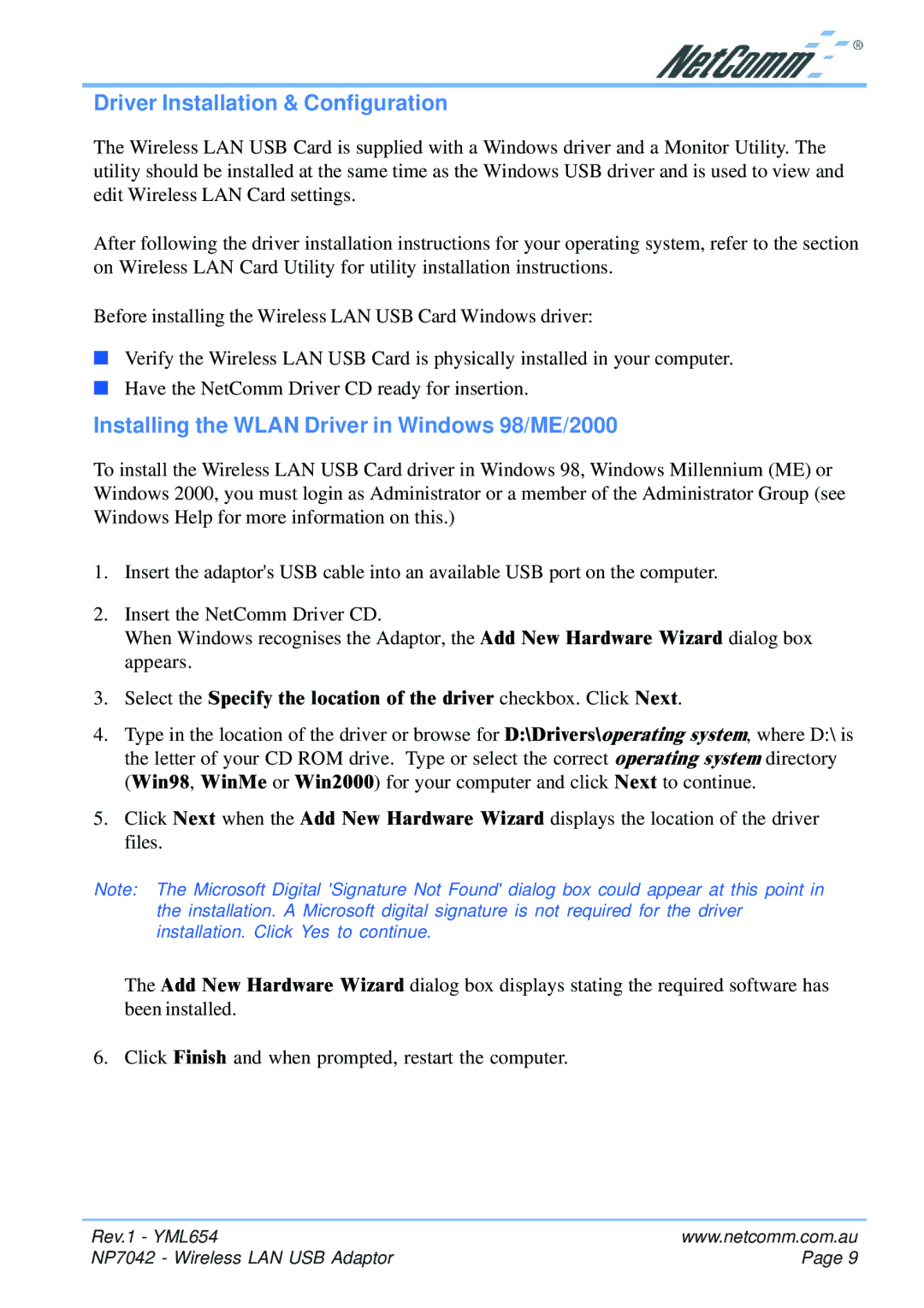 NetComm NP7042 manual Driver Installation & Configuration, Installing the Wlan Driver in Windows 98/ME/2000 