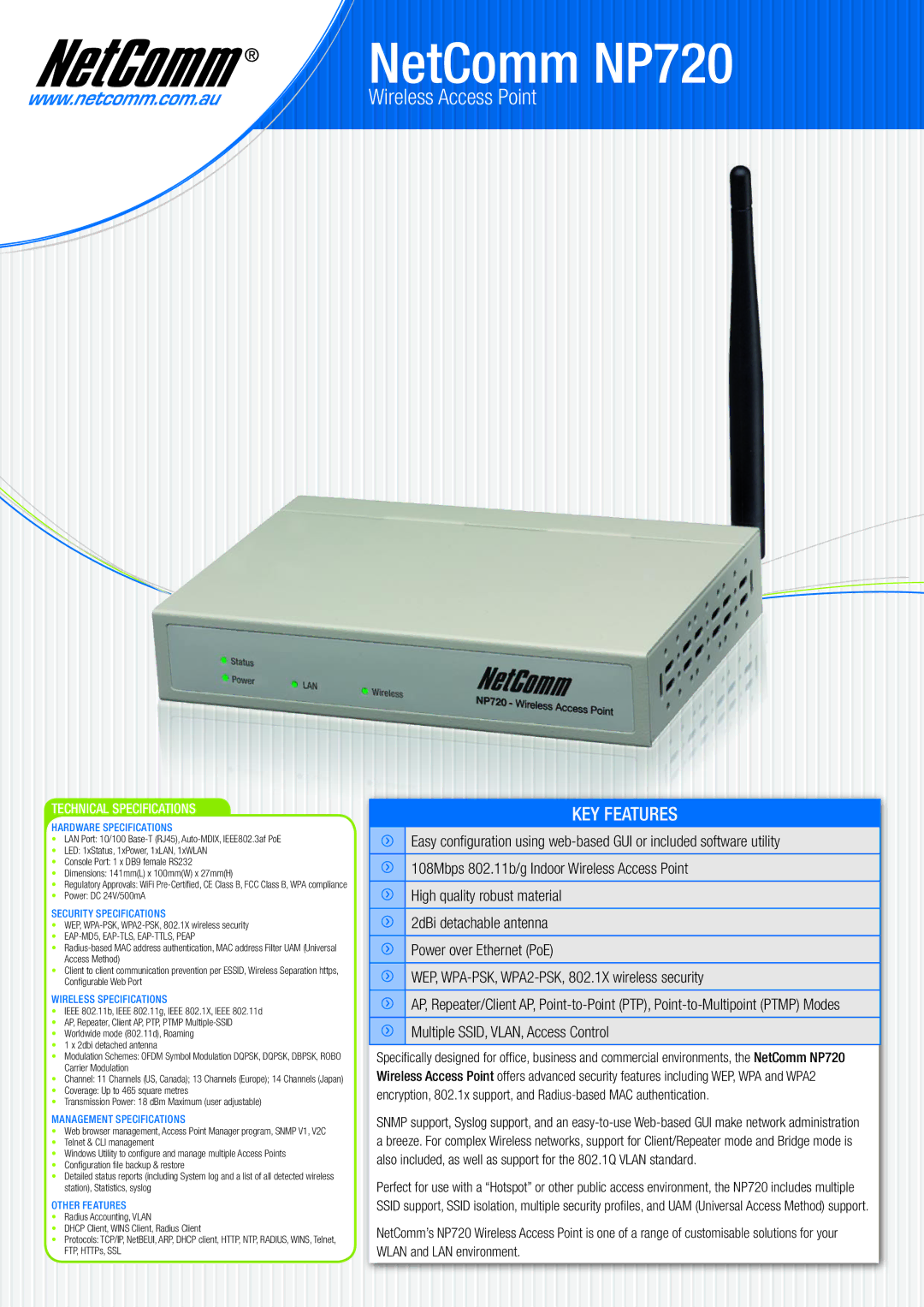 NetComm NP720 technical specifications Hardware Specifications, Security Specifications, Wireless Specifications 