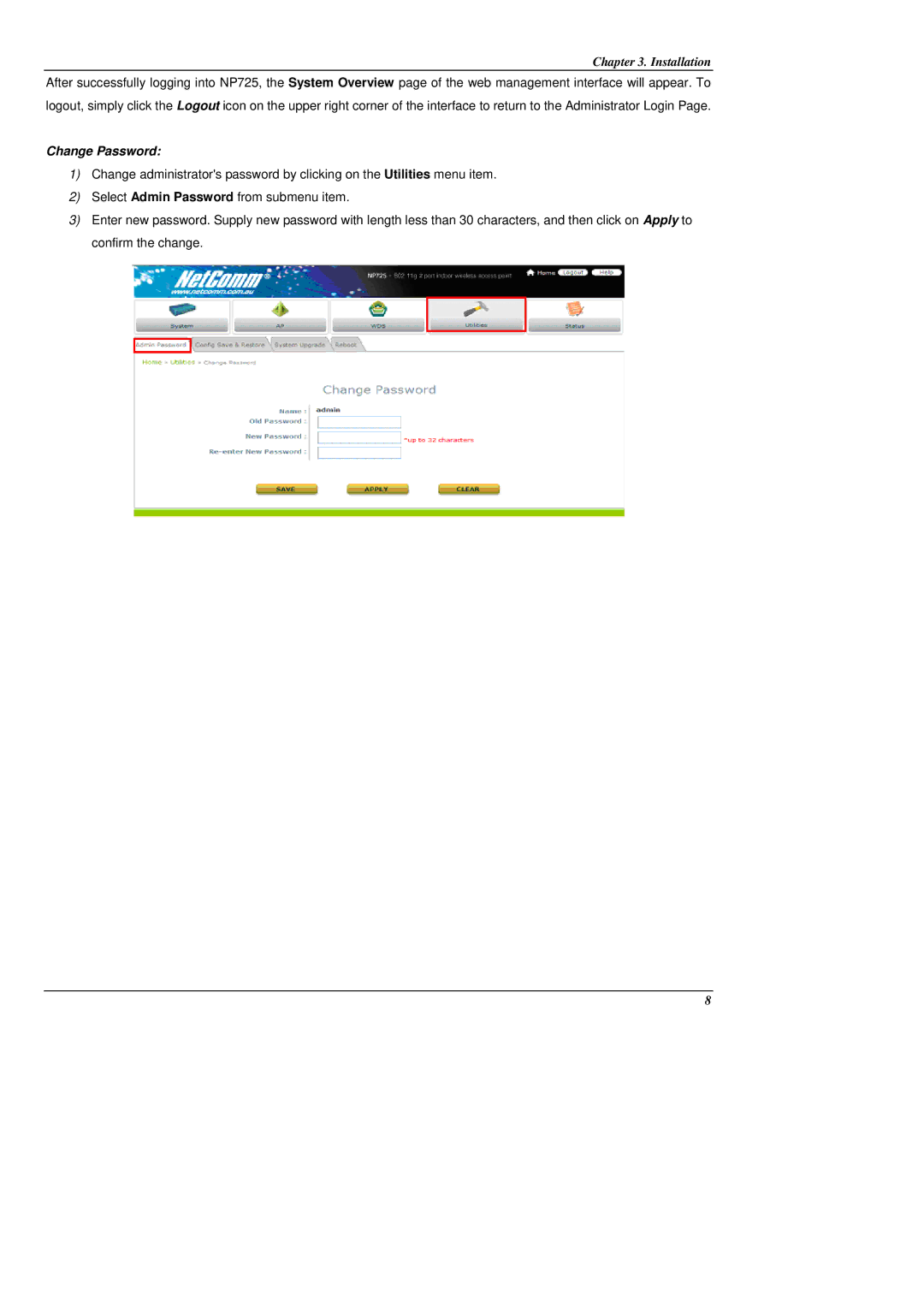 NetComm NP725 manual Change Password 