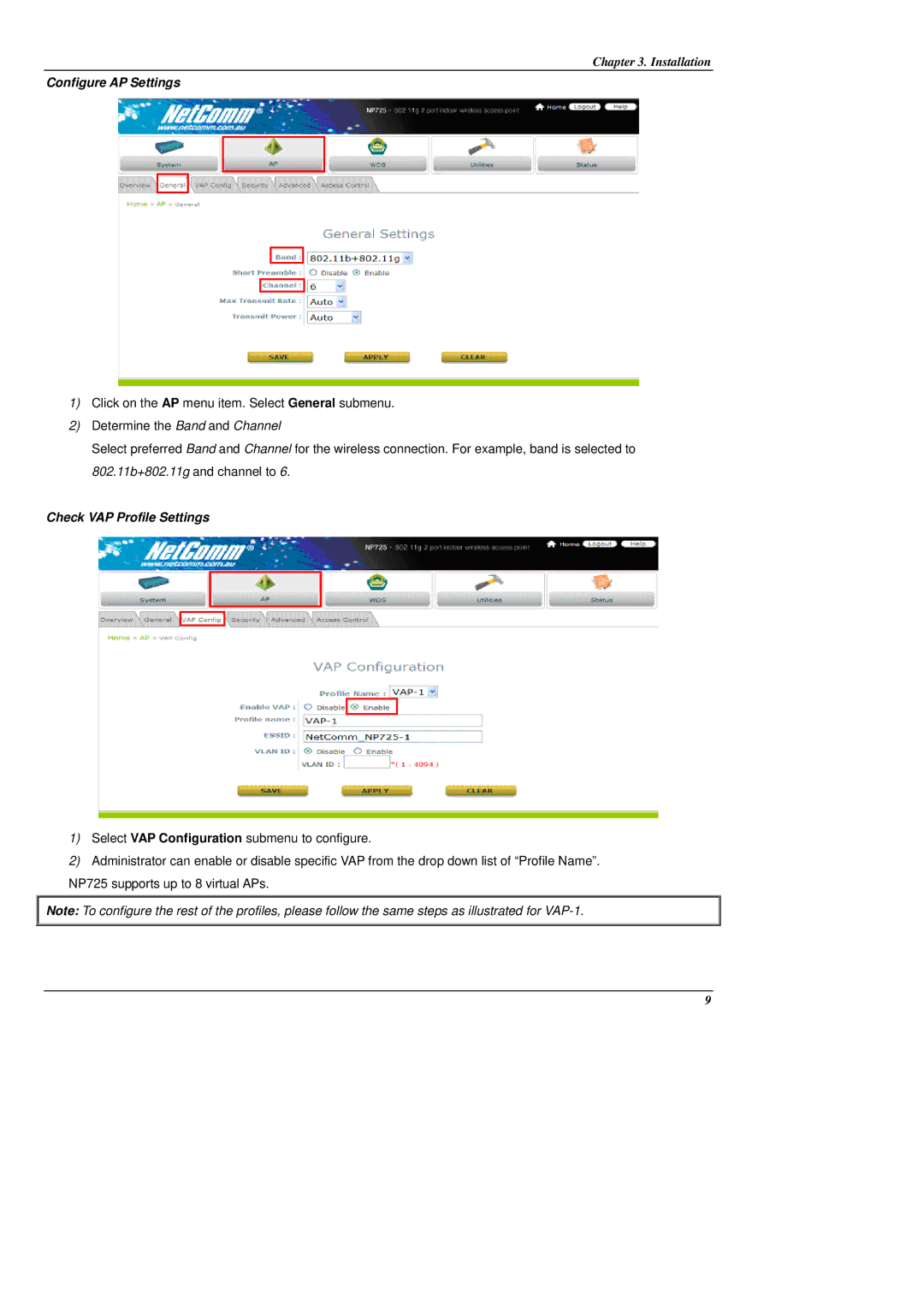 NetComm NP725 manual Configure AP Settings, Check VAP Profile Settings 