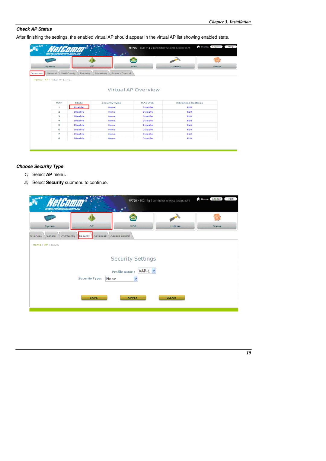 NetComm NP725 manual Check AP Status, Choose Security Type 