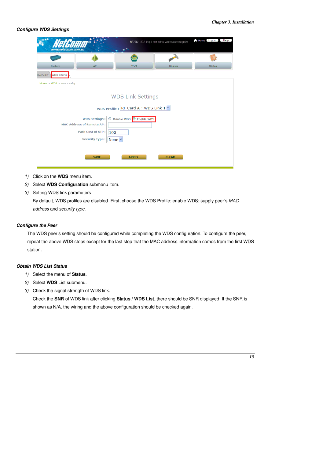 NetComm NP725 manual Configure WDS Settings, Configure the Peer, Obtain WDS List Status 