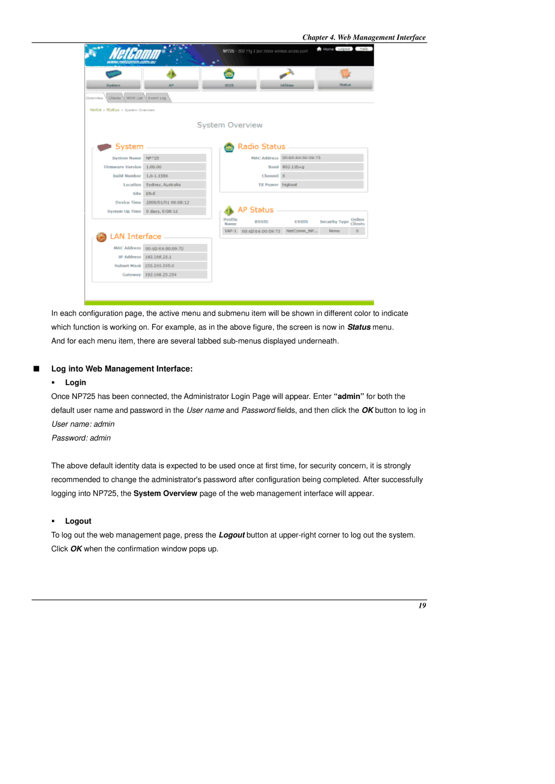 NetComm NP725 manual Log into Web Management Interface 