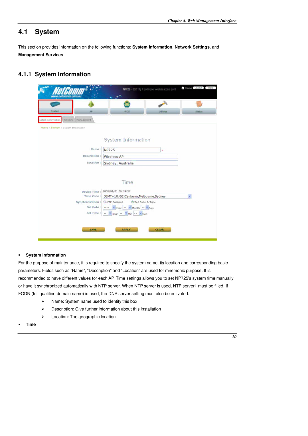 NetComm NP725 manual System Information 