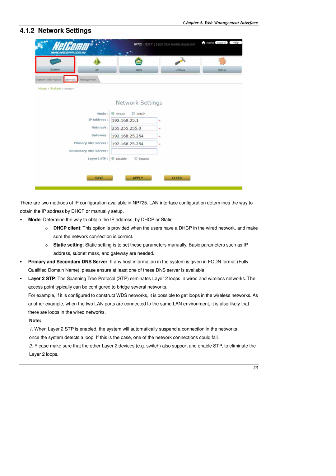 NetComm NP725 manual Network Settings 