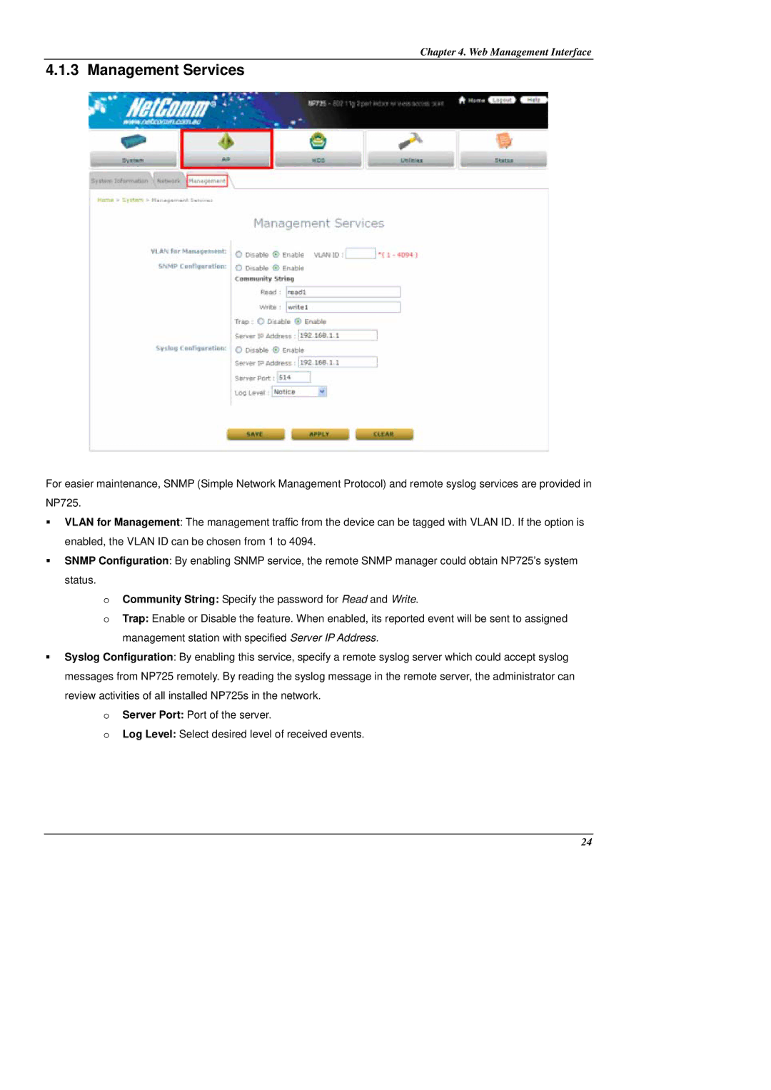 NetComm NP725 manual Management Services 