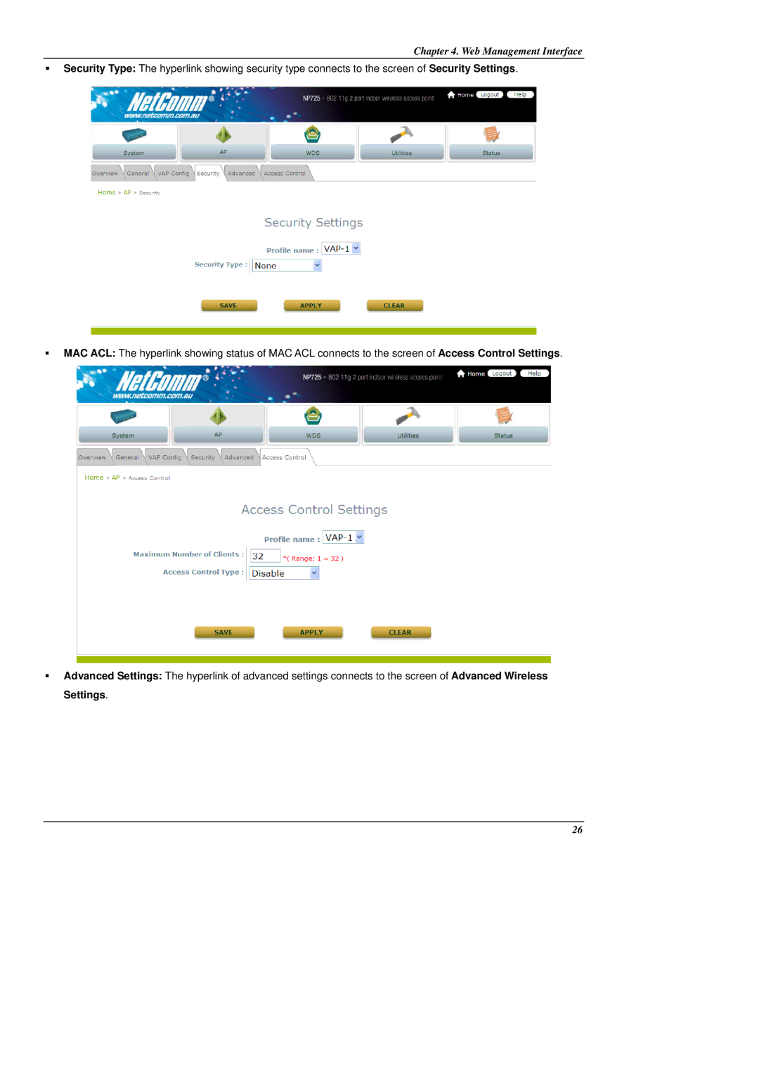 NetComm NP725 manual Web Management Interface 