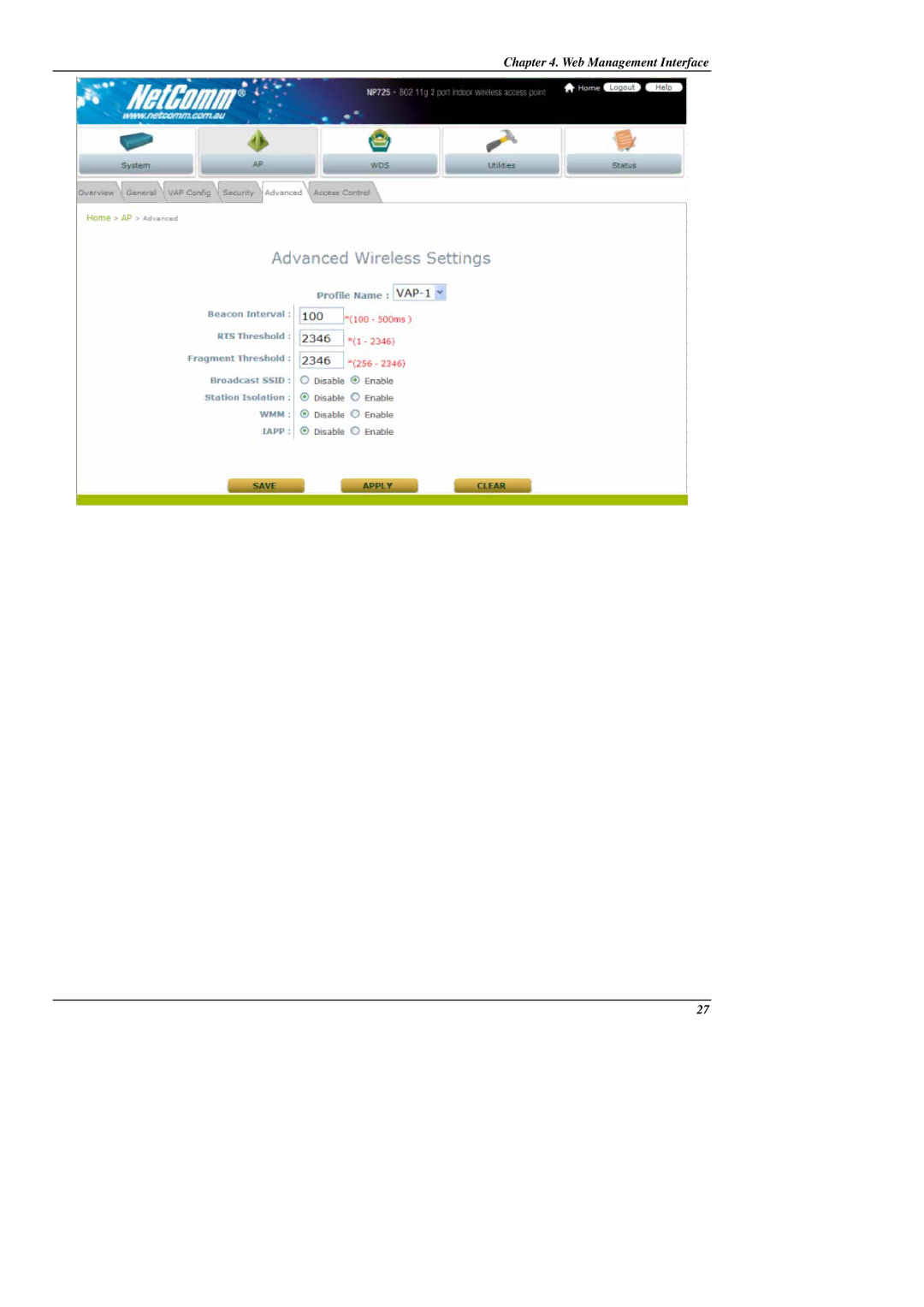 NetComm NP725 manual Web Management Interface 