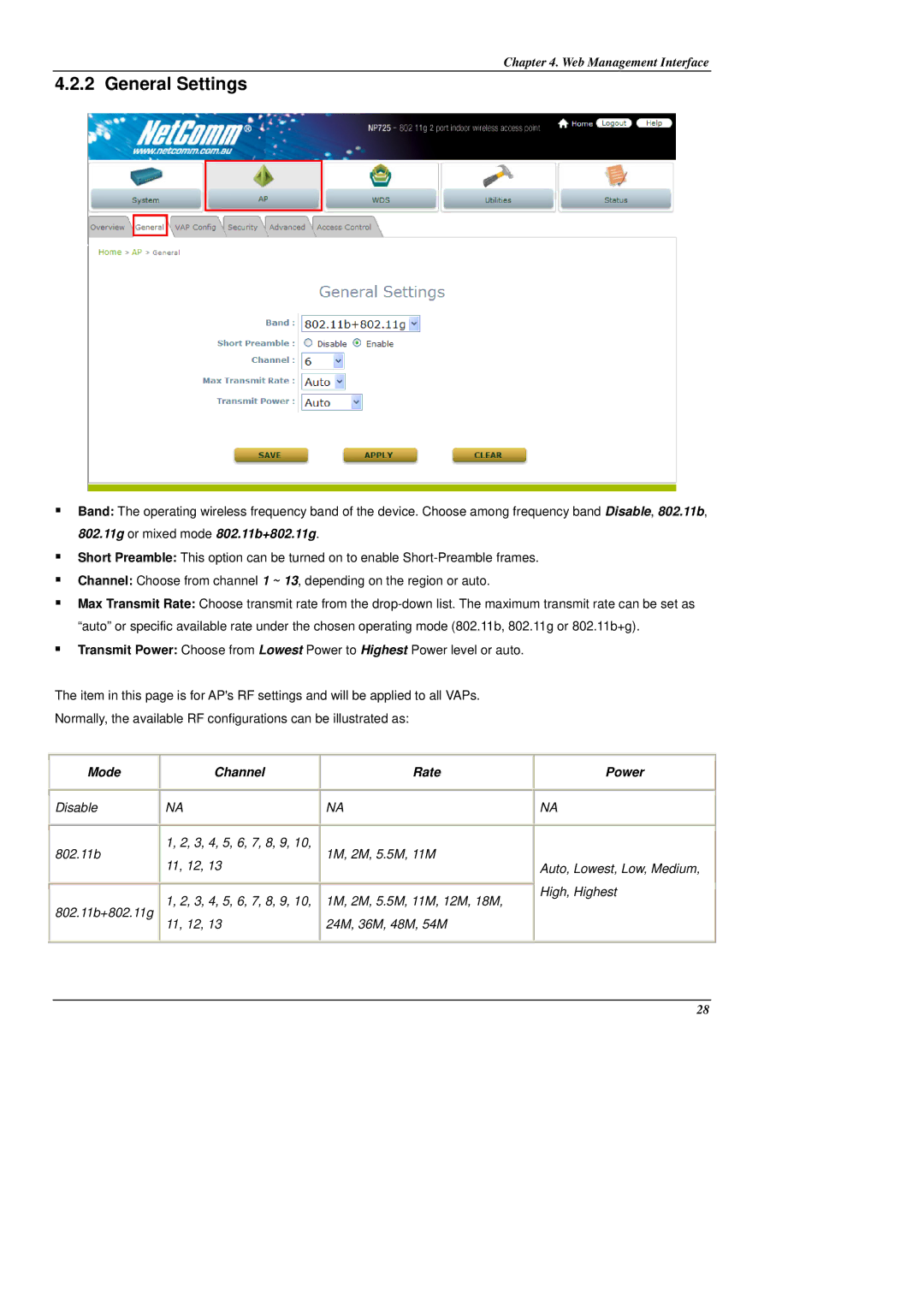 NetComm NP725 manual General Settings, Mode Channel Rate, Power 