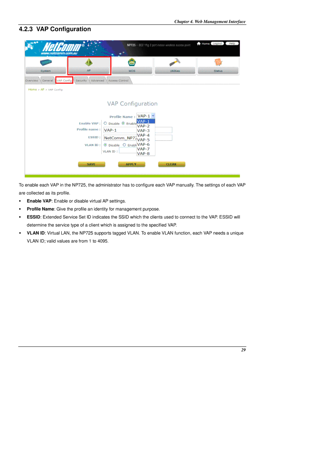 NetComm NP725 manual VAP Configuration 