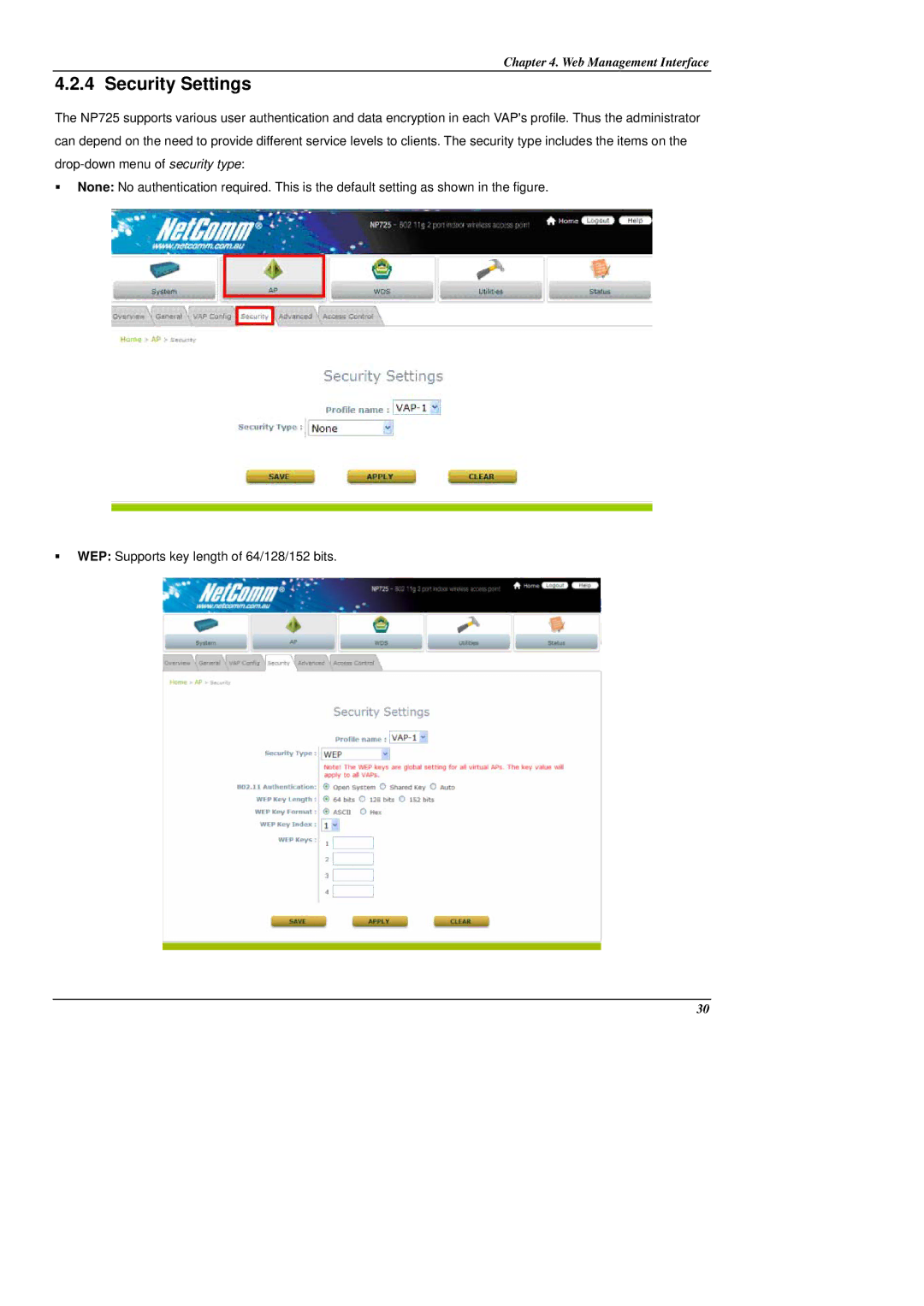 NetComm NP725 manual Security Settings 