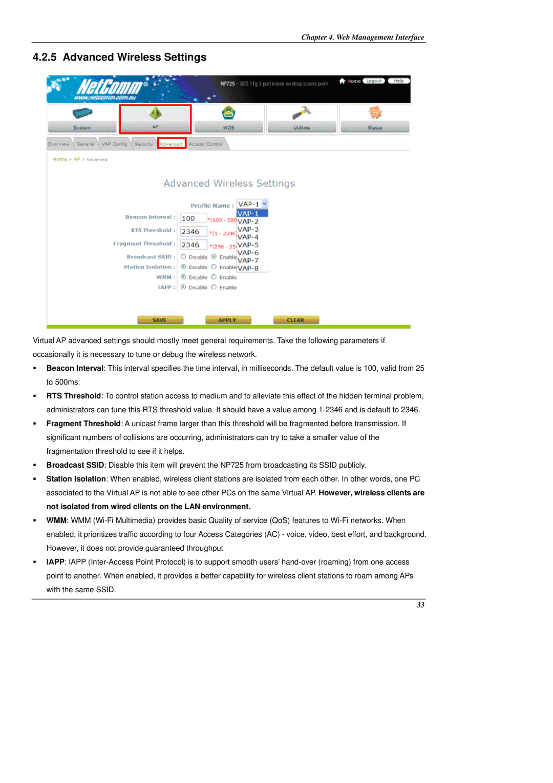 NetComm NP725 manual Advanced Wireless Settings 