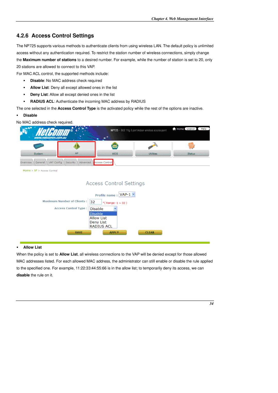 NetComm NP725 manual Access Control Settings, ƒ Allow List 