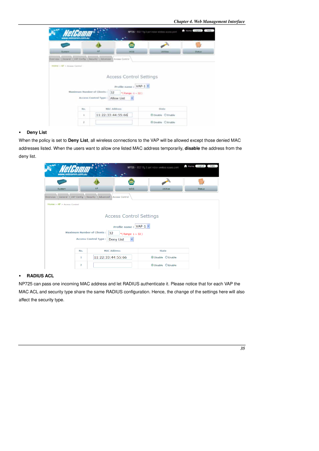 NetComm NP725 manual ƒ Radius ACL 