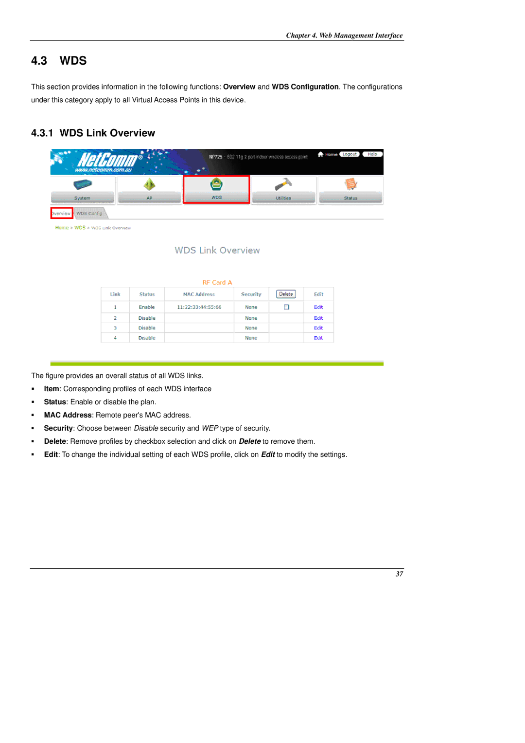 NetComm NP725 manual Wds, WDS Link Overview 