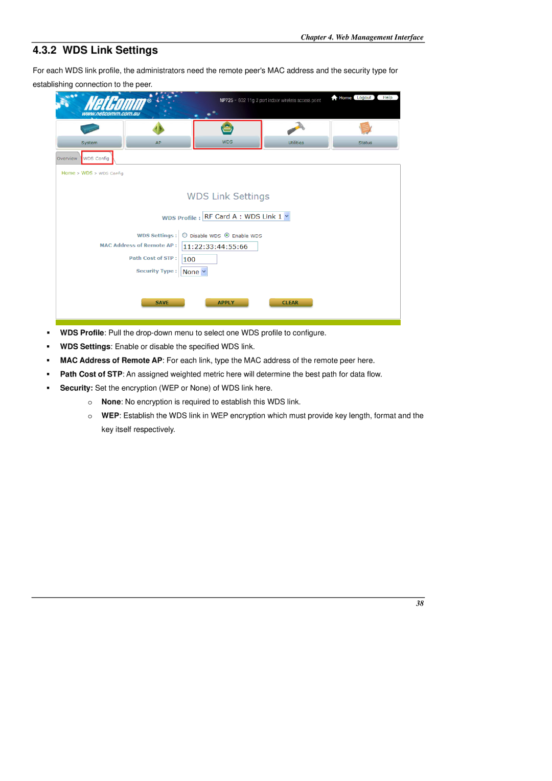 NetComm NP725 manual WDS Link Settings 