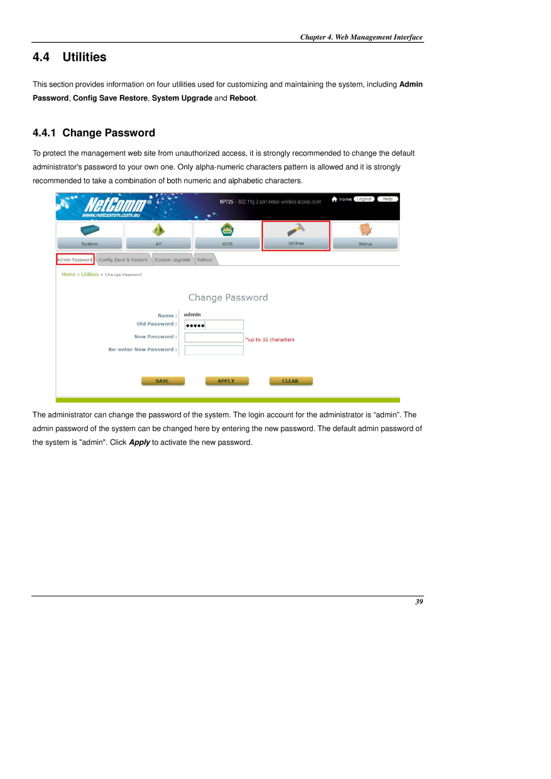 NetComm NP725 manual Utilities, Change Password 