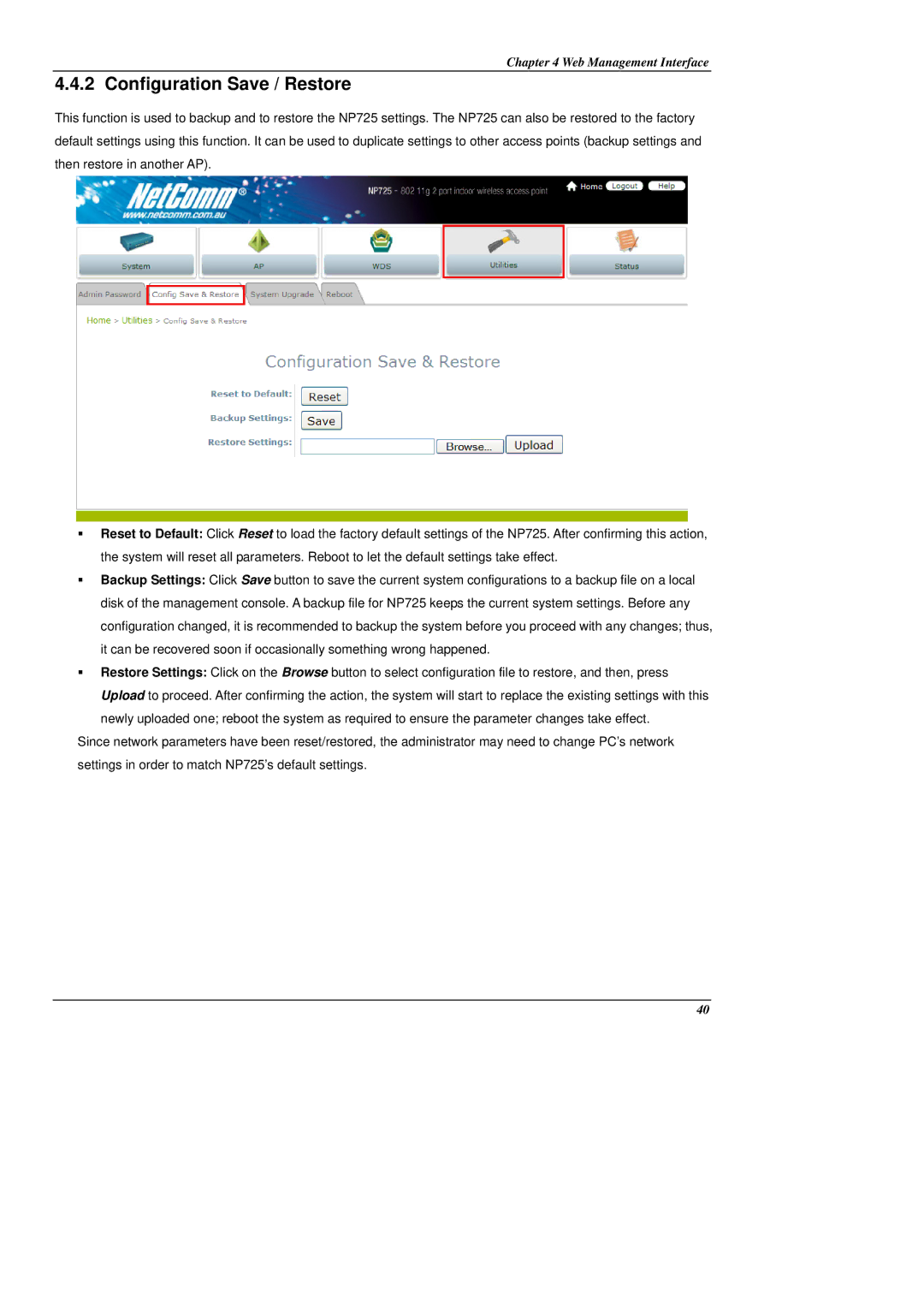 NetComm NP725 manual Configuration Save / Restore 