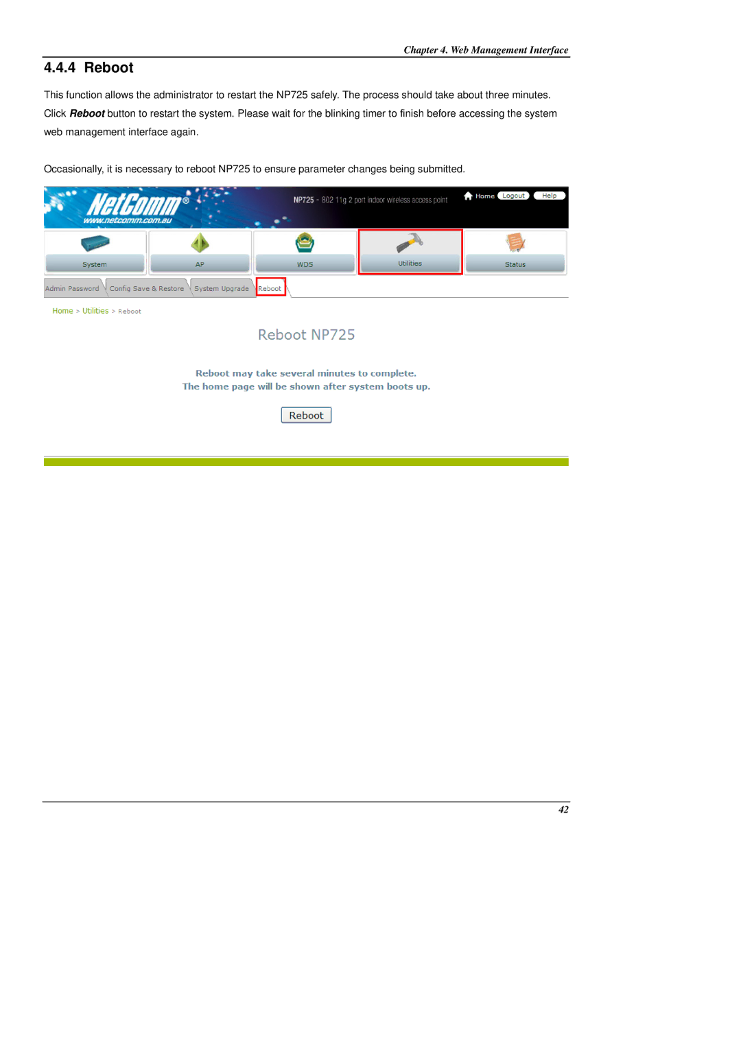 NetComm NP725 manual Reboot 