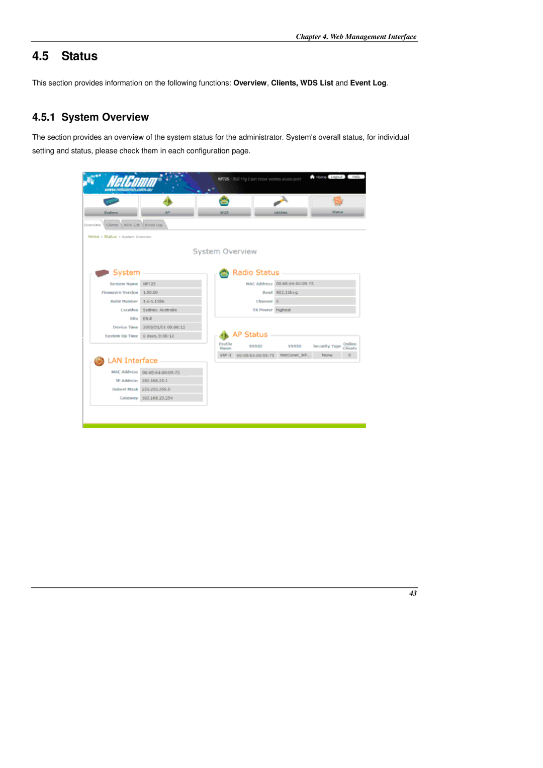 NetComm NP725 manual Status, System Overview 