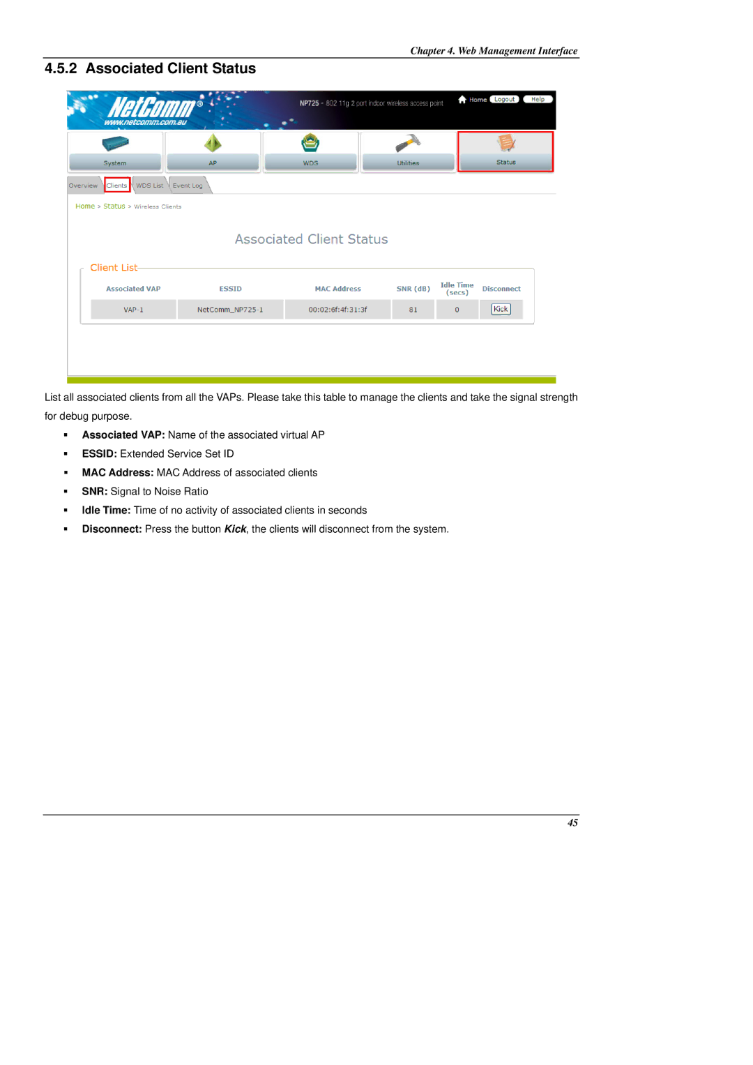 NetComm NP725 manual Associated Client Status 