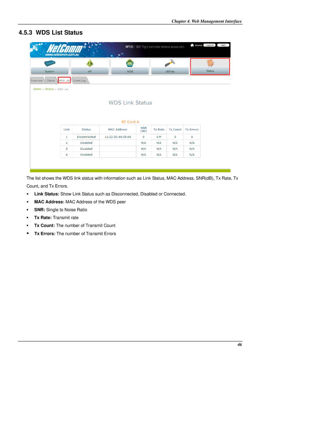 NetComm NP725 manual WDS List Status 