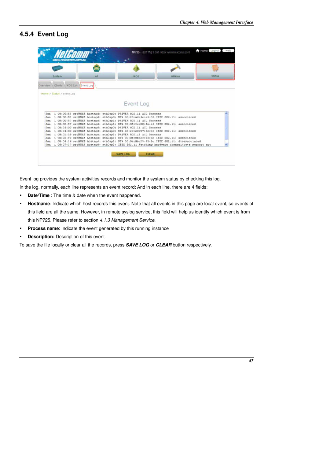 NetComm NP725 manual Event Log 