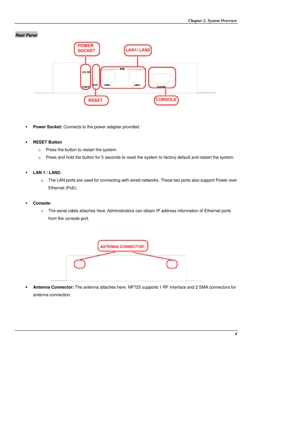 NetComm NP725 manual Rear Panel, ƒ Reset Button 